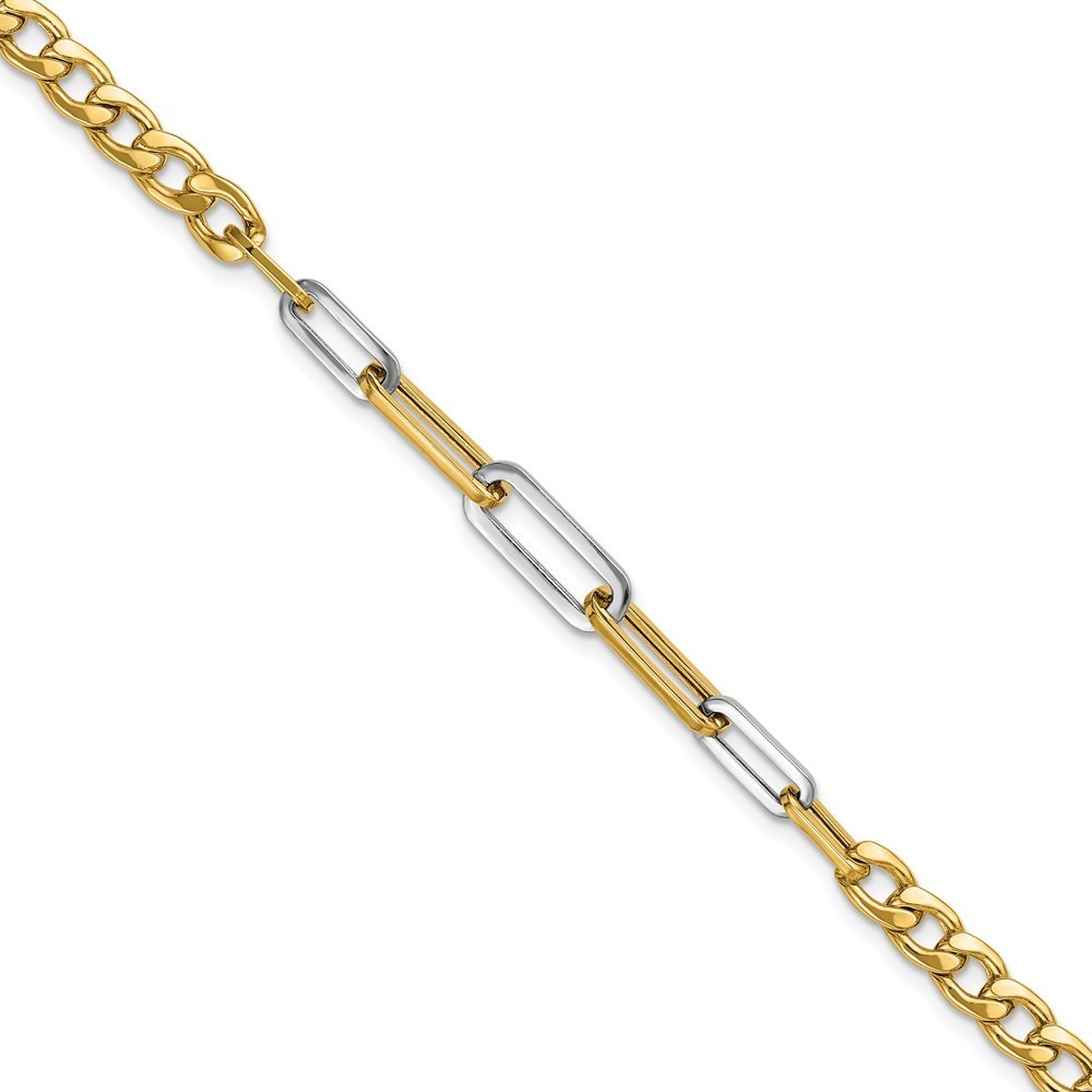 14k Yellow Gold WWhite Rh Polished Curb And Paperclip Link Bracelet 1596$